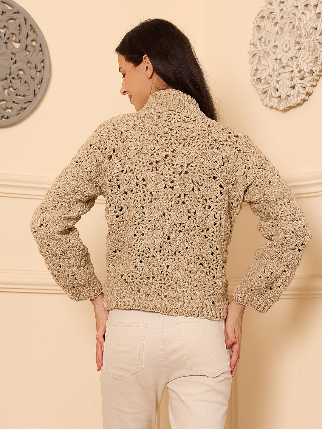 Velvery Crochet Floral Zipper High Neck Cardigan - Beige