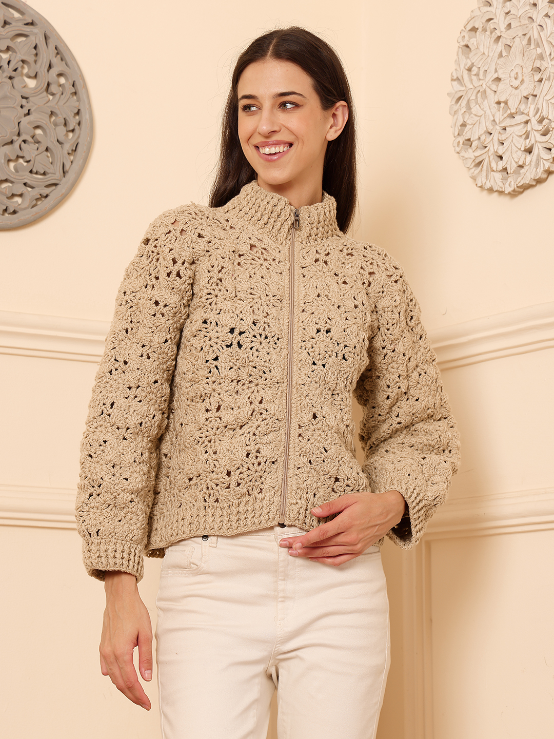 Velvery Crochet Floral Zipper High Neck Cardigan - Beige
