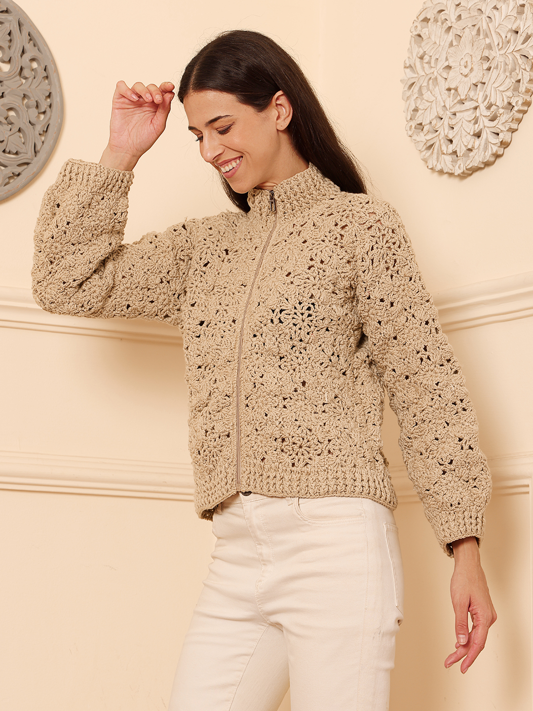 Velvery Crochet Floral Zipper High Neck Cardigan - Beige