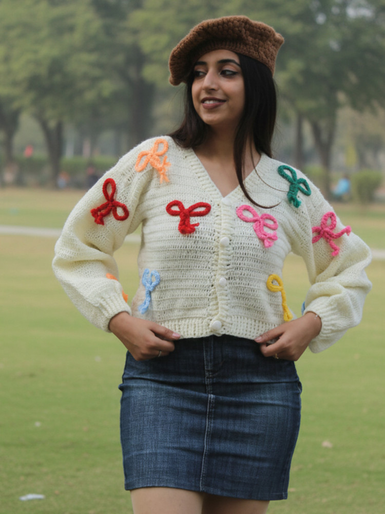 Image of Velvery Crochet Colorful Bow Cardigan - Cream