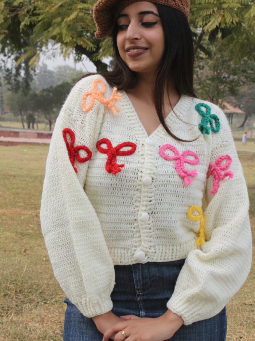 Velvery Crochet Colorful Bow Cardigan - Cream
