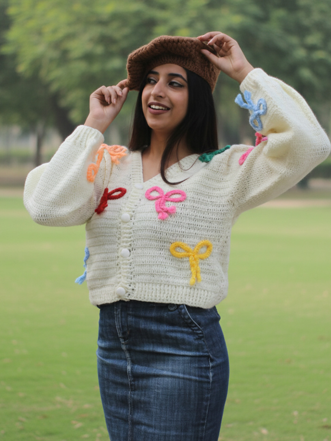 Velvery Crochet Colorful Bow Cardigan - Cream