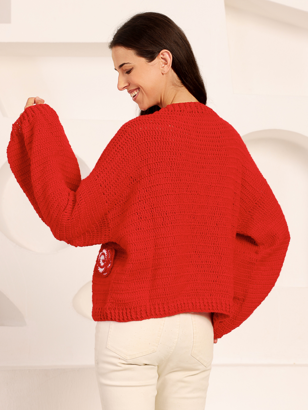 Velvery Crochet Rose Cardigan - Red