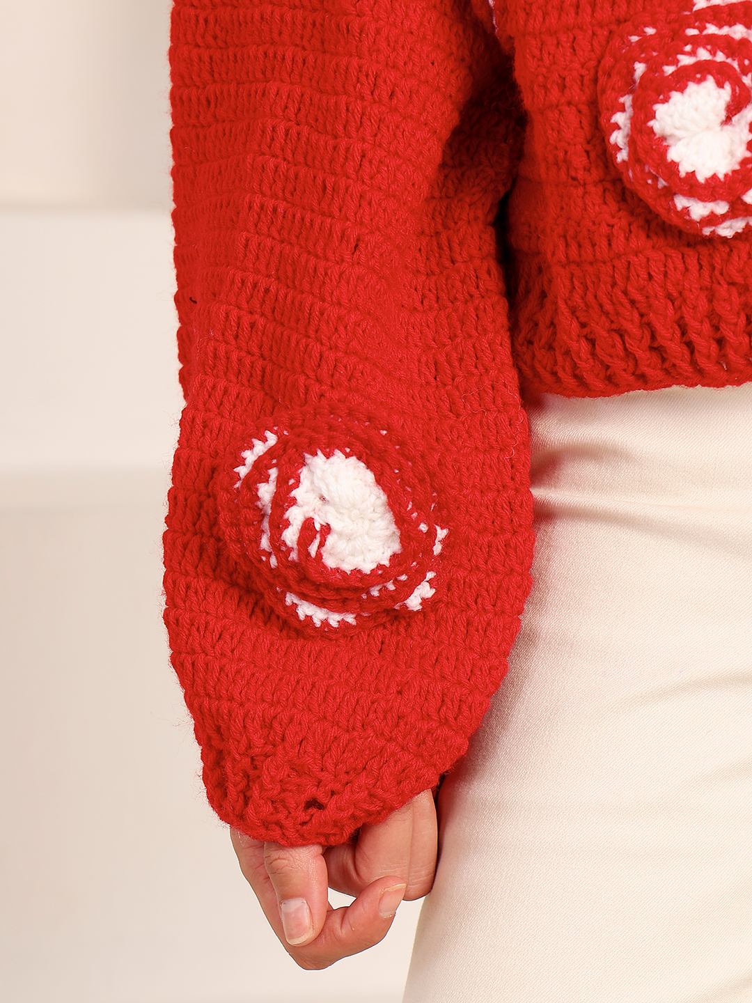 Velvery Crochet Rose Cardigan - Red