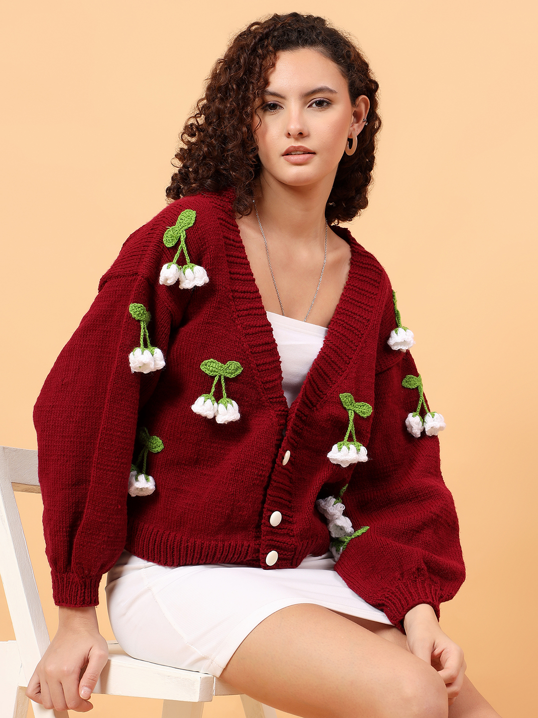 Velvery Floral Applique Cardigan - Maroon