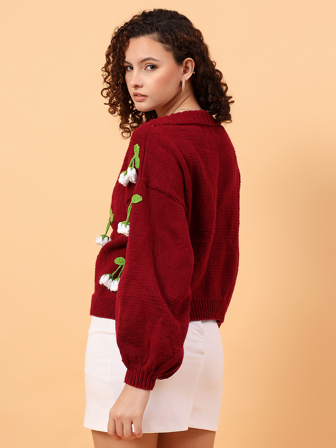 Velvery Floral Applique Cardigan - Maroon