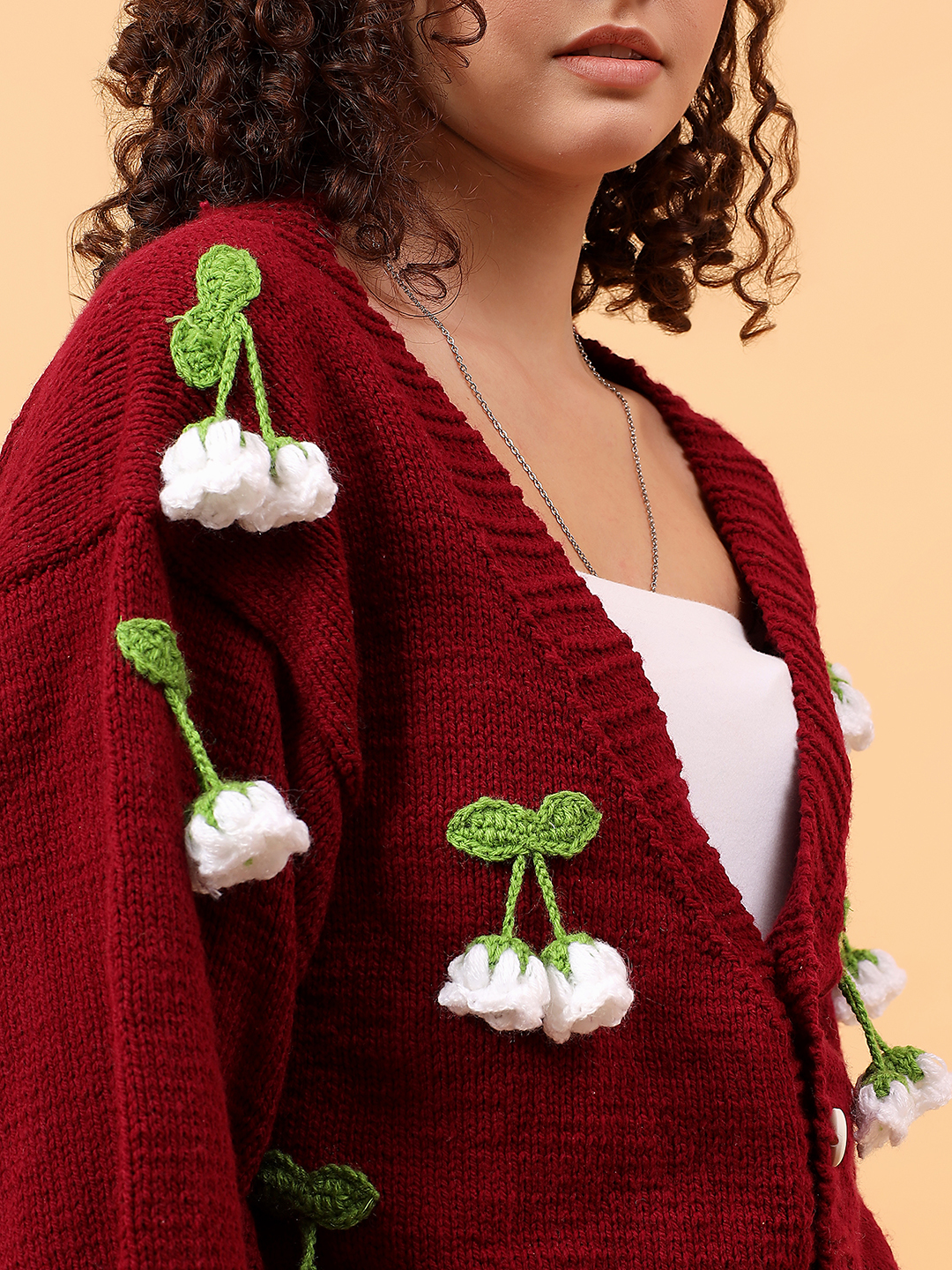 Velvery Floral Applique Cardigan - Maroon
