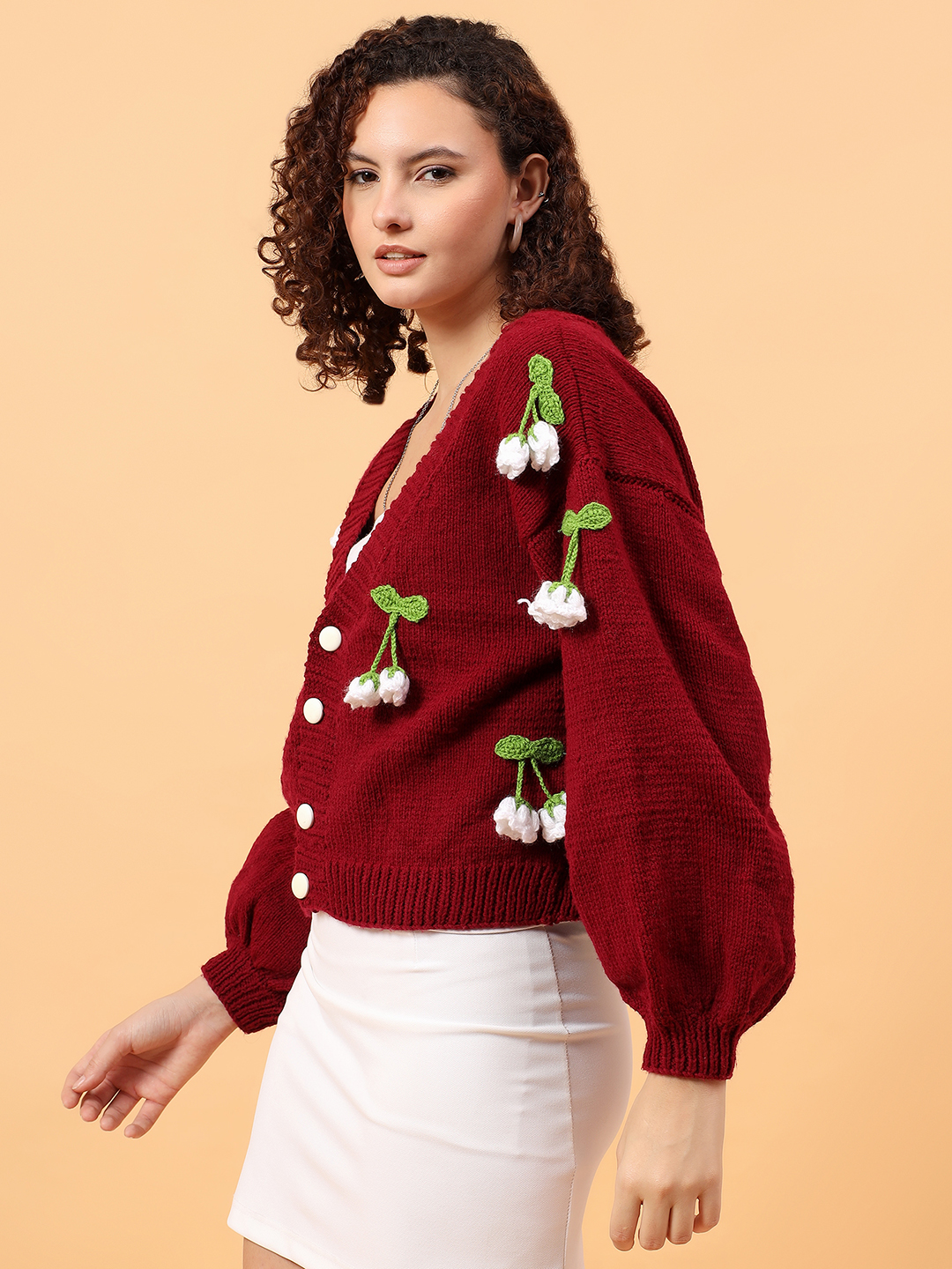 Velvery Floral Applique Cardigan - Maroon