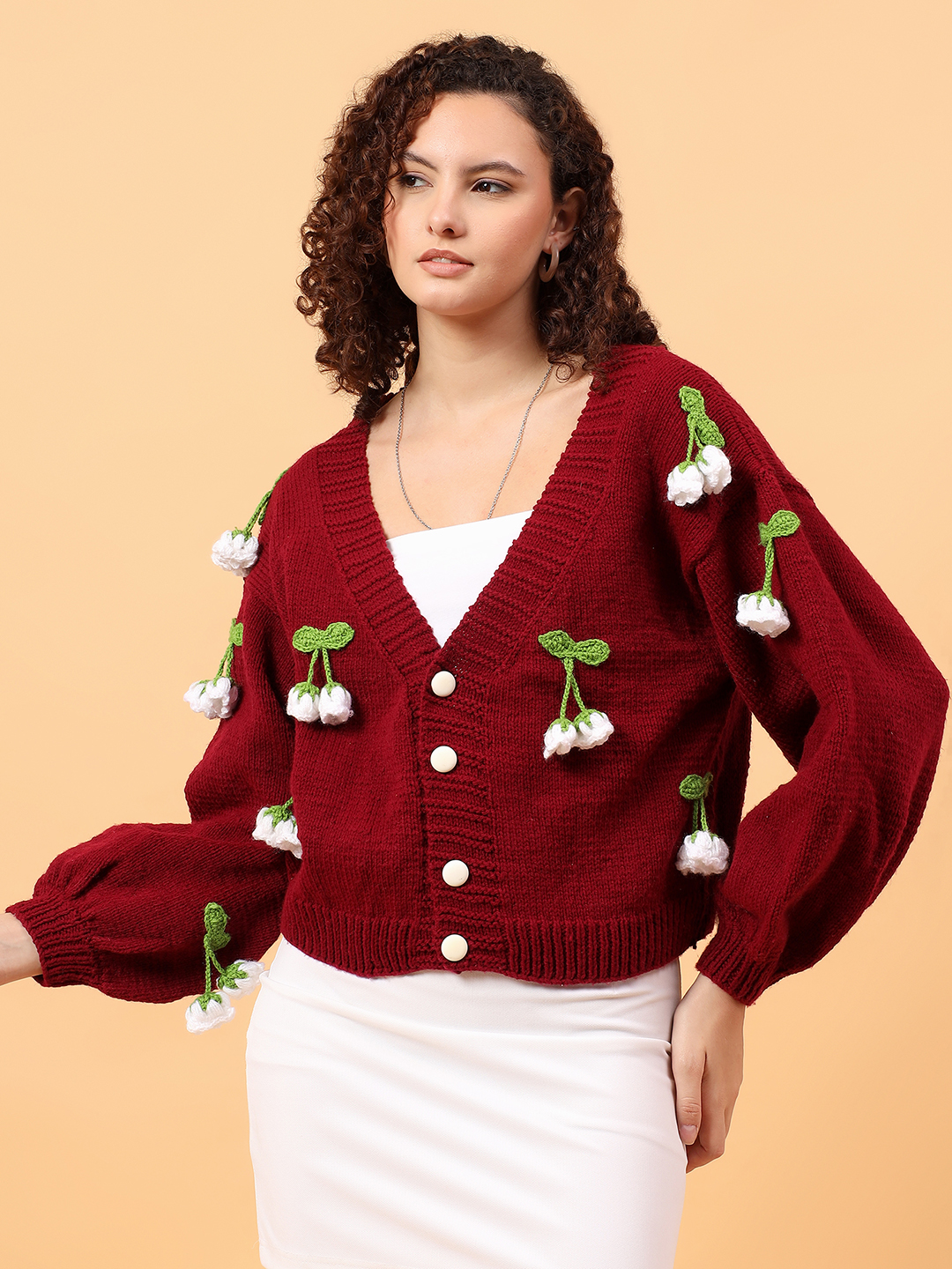 Velvery Floral Applique Cardigan - Maroon