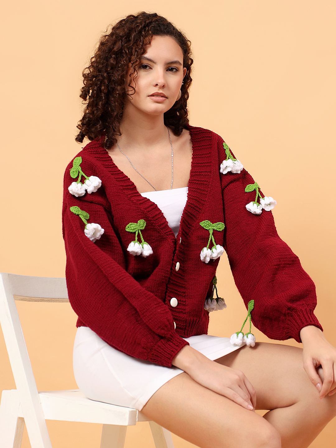 Velvery Floral Applique Cardigan - Maroon