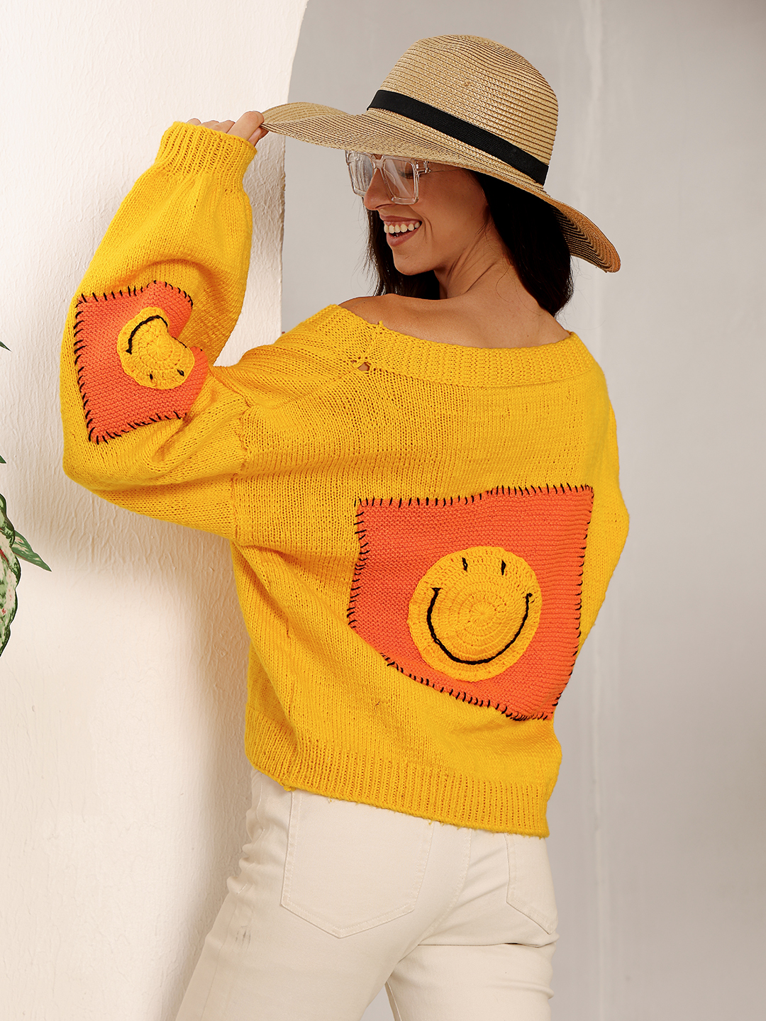 Chunky Smiley Face Cardigan - Yellow