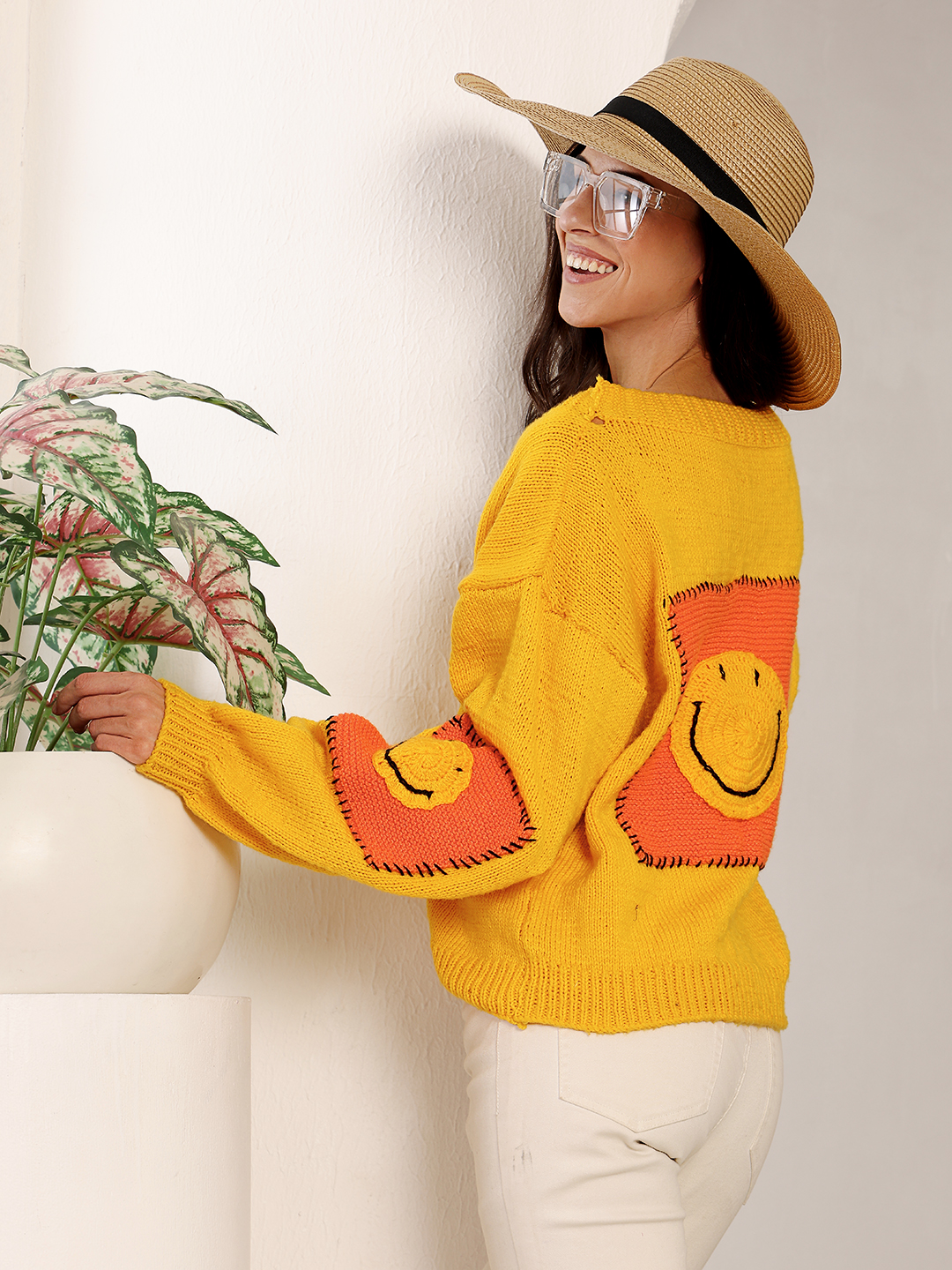 Chunky Smiley Face Cardigan - Yellow