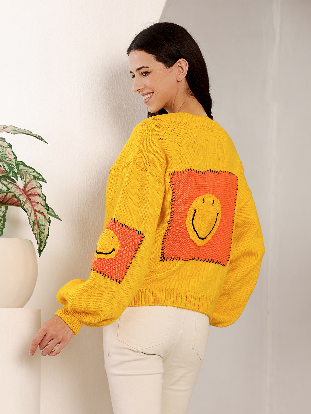 Chunky Smiley Face Cardigan - Yellow