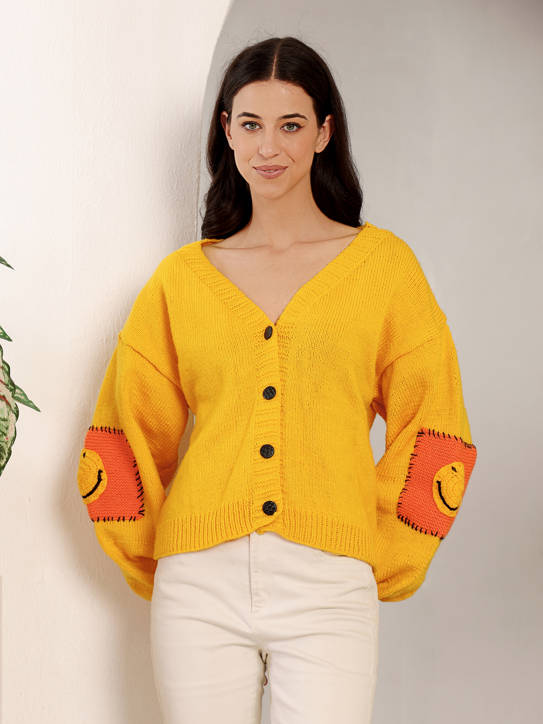 Chunky Smiley Face Cardigan - Yellow