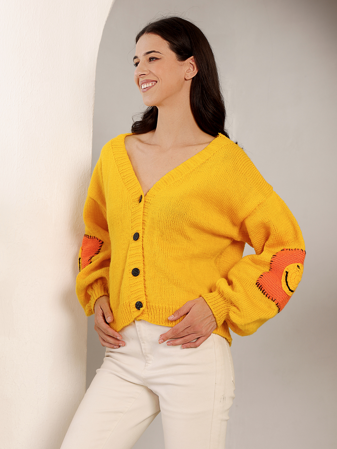 Chunky Smiley Face Cardigan - Yellow