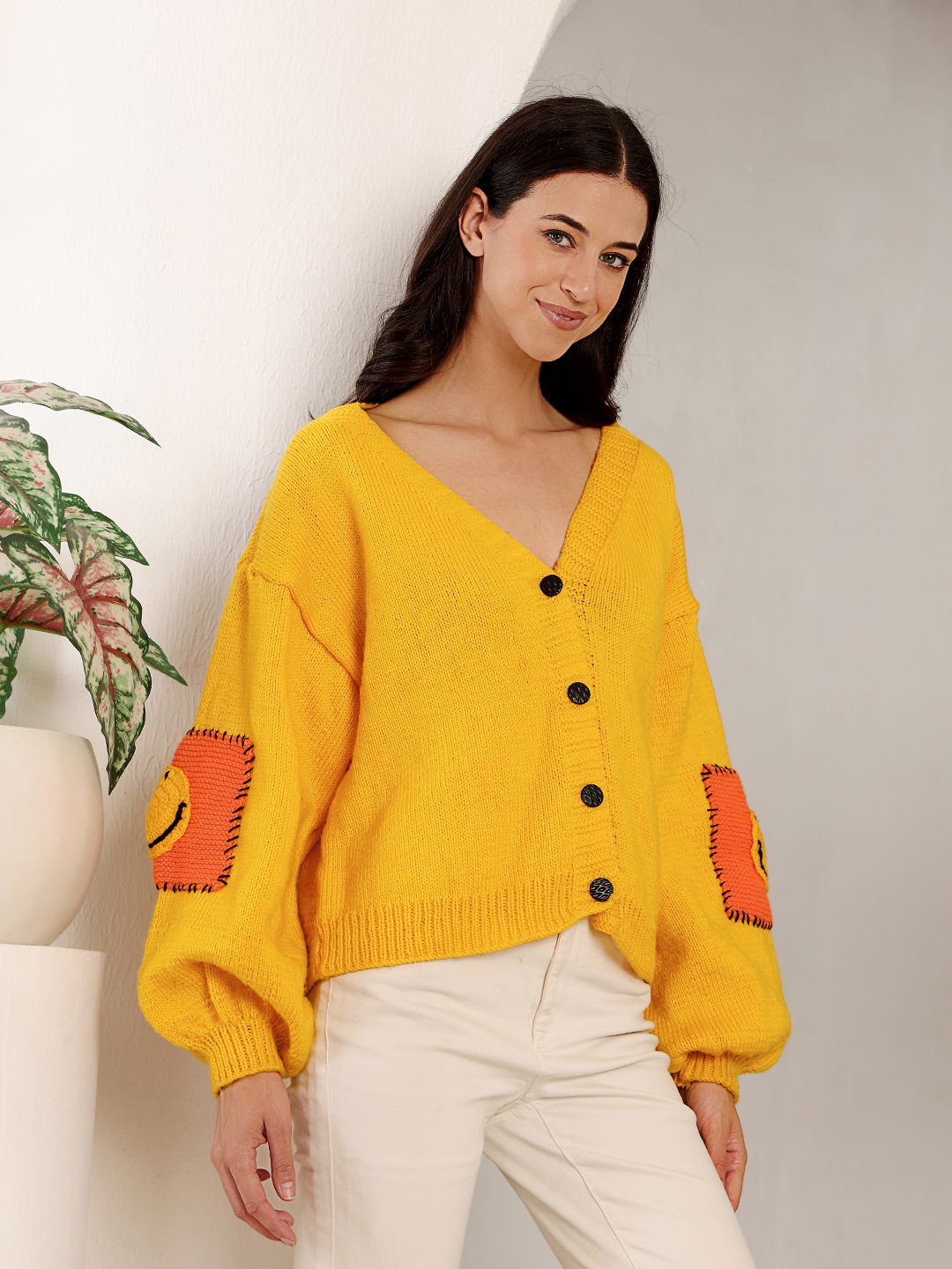 Chunky Smiley Face Cardigan - Yellow