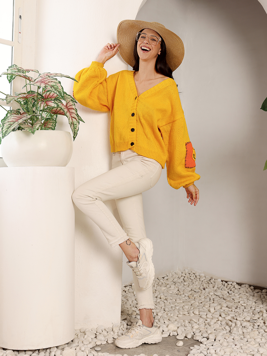 Chunky Smiley Face Cardigan - Yellow