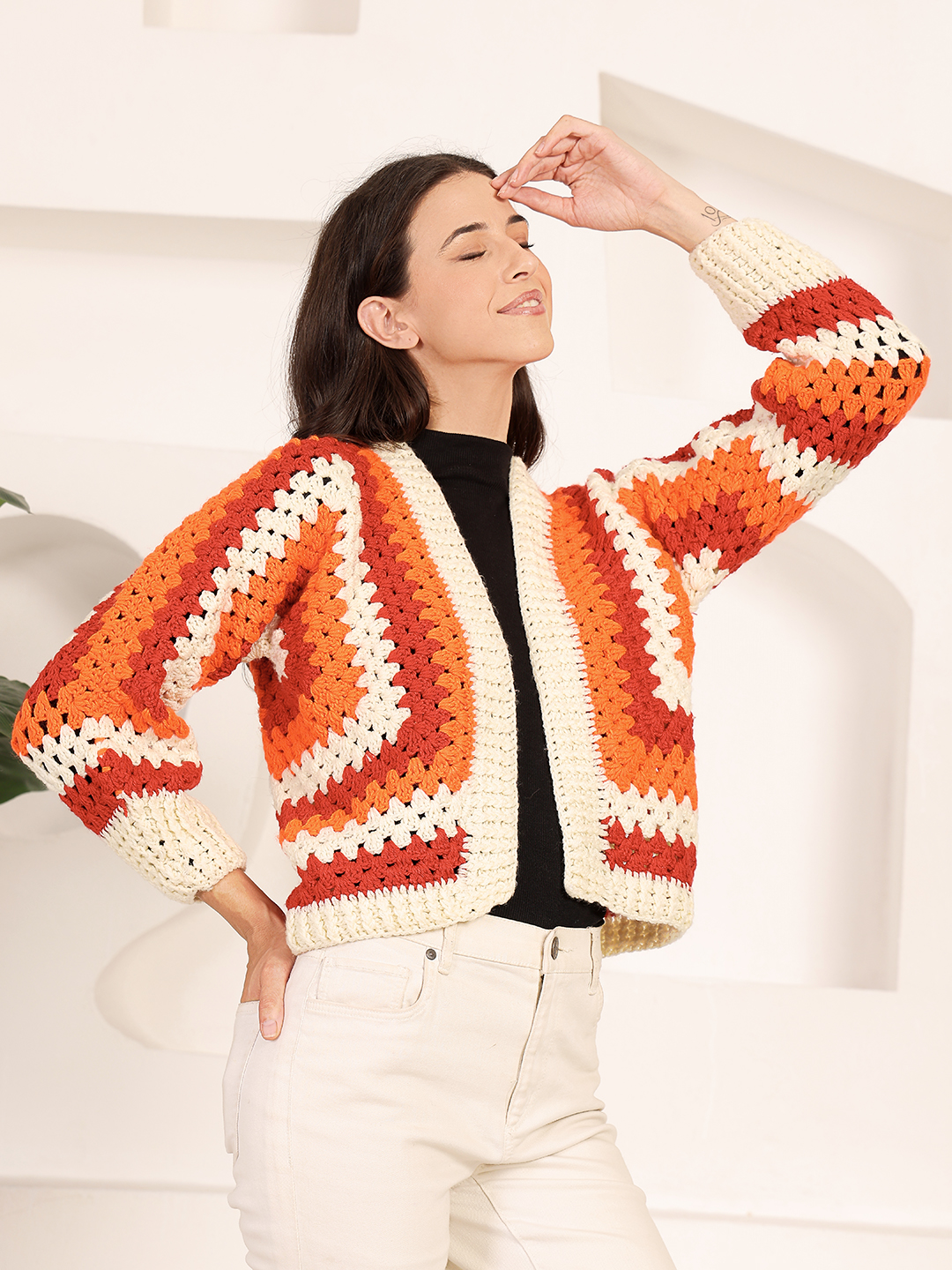Hexagon Crochet Cardigan - Orange