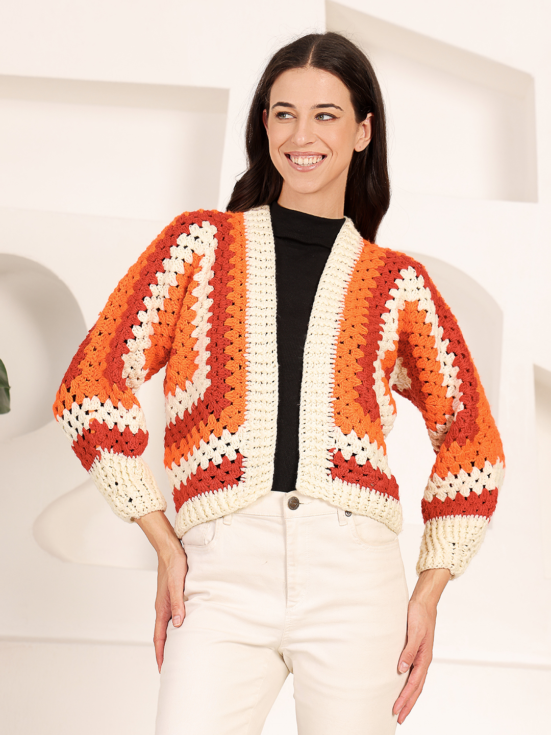 Hexagon Crochet Cardigan - Orange