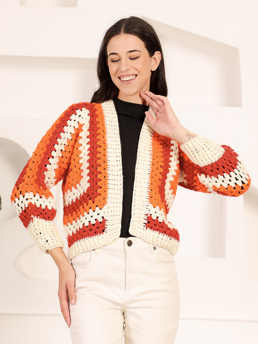 Hexagon Crochet Cardigan - Orange