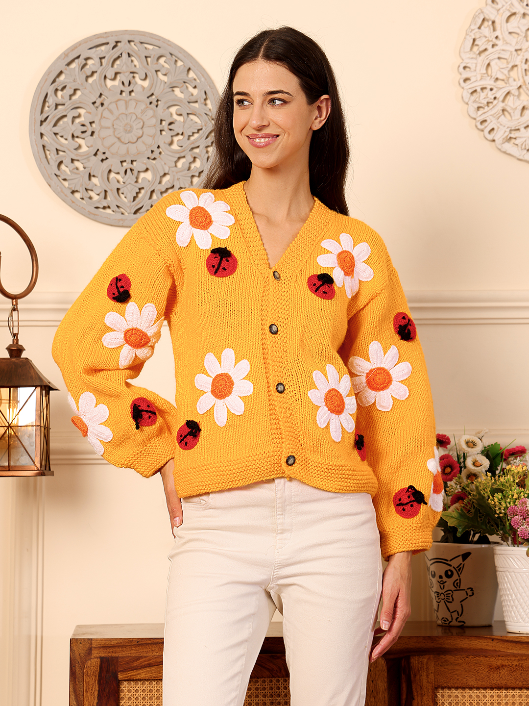 Bee & Flowers Jumbo Chunky Cardigan - Mustard