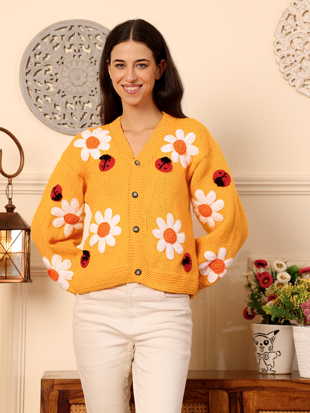 Bee & Flowers Jumbo Chunky Cardigan - Mustard