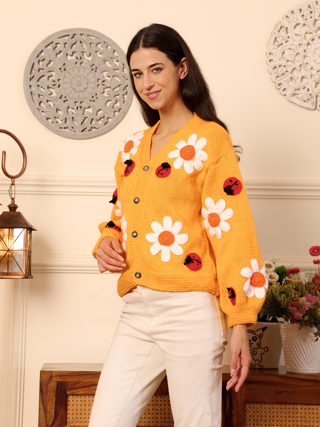 Bee & Flowers Jumbo Chunky Cardigan - Mustard