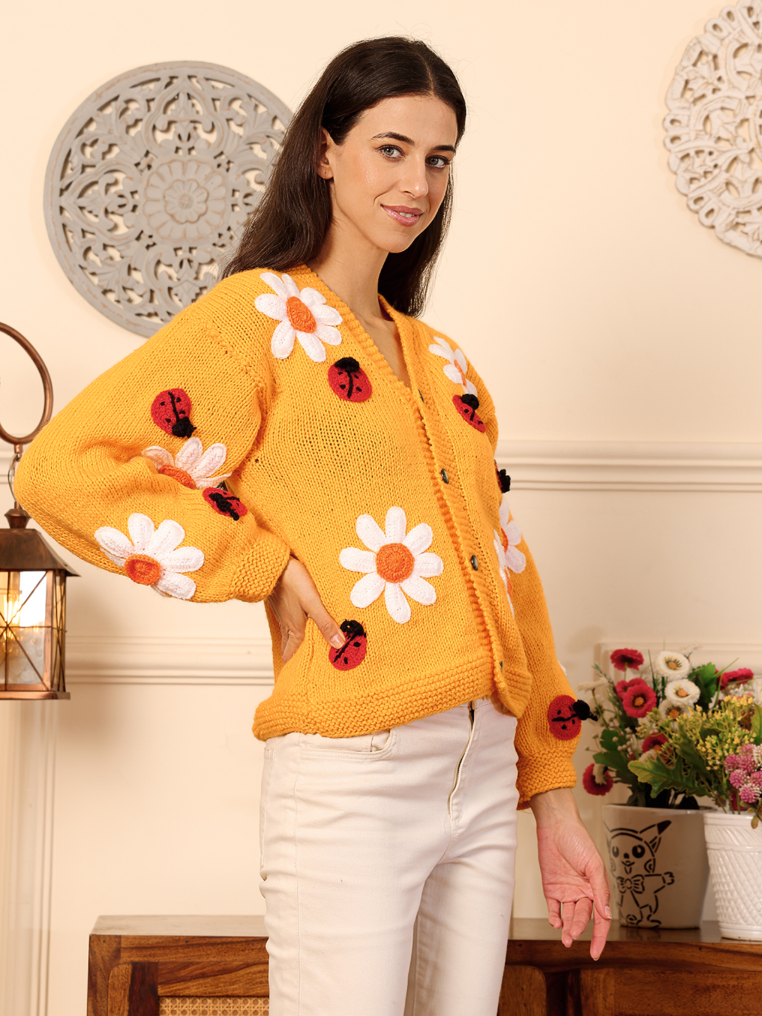 Bee & Flowers Jumbo Chunky Cardigan - Mustard