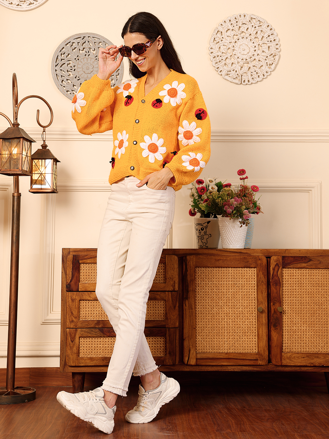 Bee & Flowers Jumbo Chunky Cardigan - Mustard