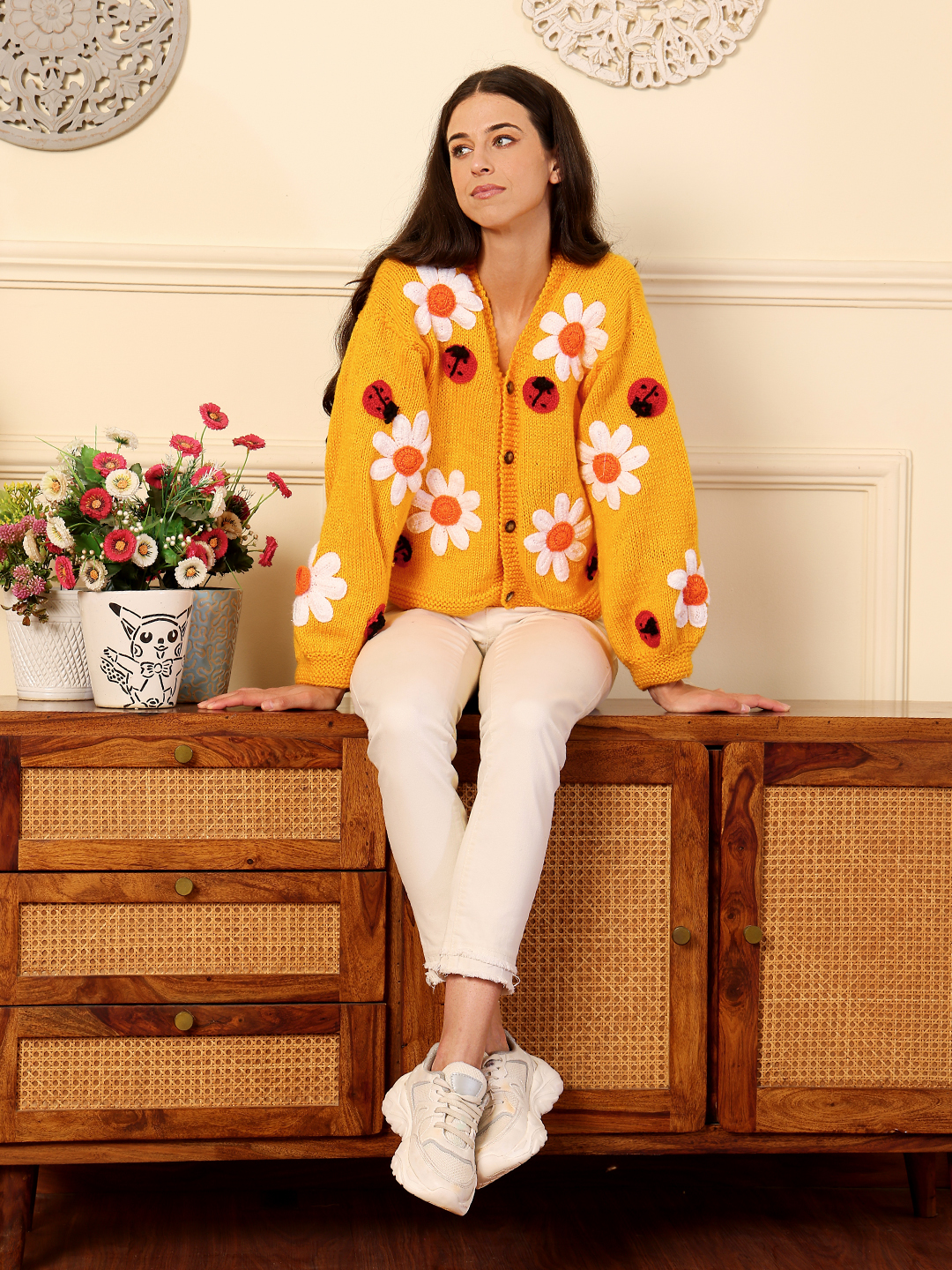 Bee & Flowers Jumbo Chunky Cardigan - Mustard