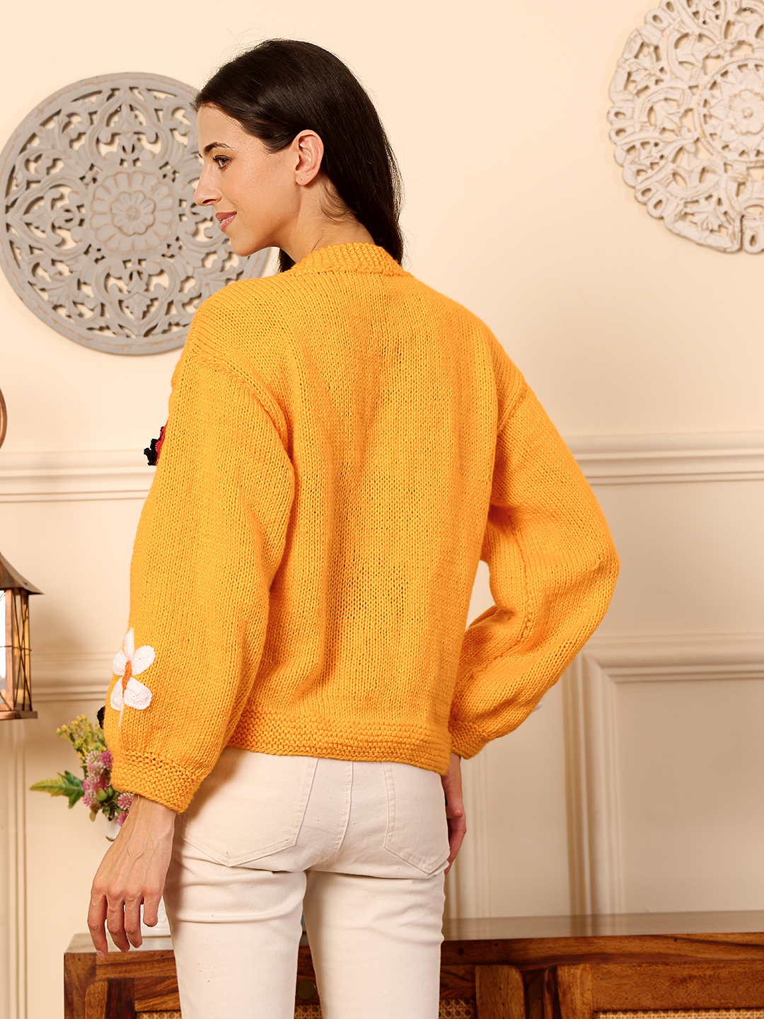 Bee & Flowers Jumbo Chunky Cardigan - Mustard
