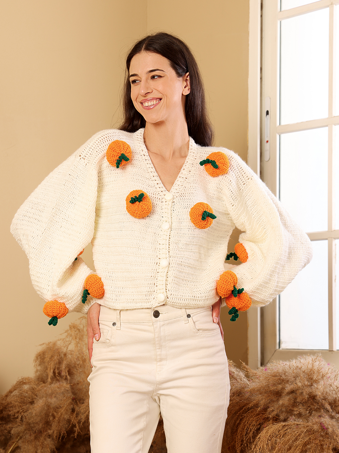 Velvery 3D Pumpkin Crop Cardigan - Cream
