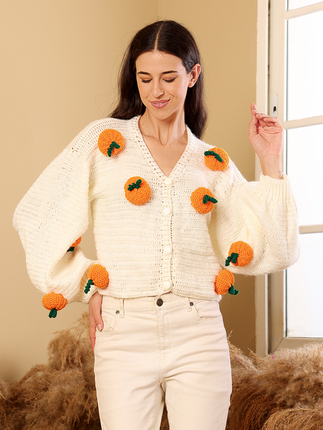 Velvery 3D Pumpkin Crop Cardigan - Cream