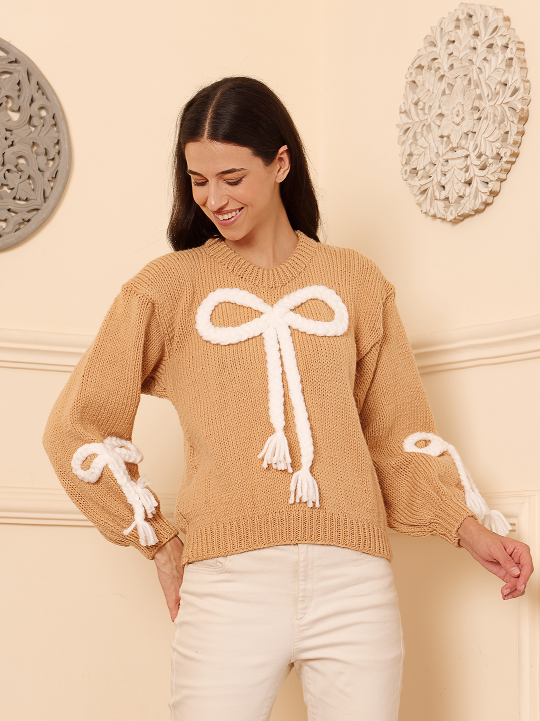 Velvery Knitted Braided Bow Crop Pullover
