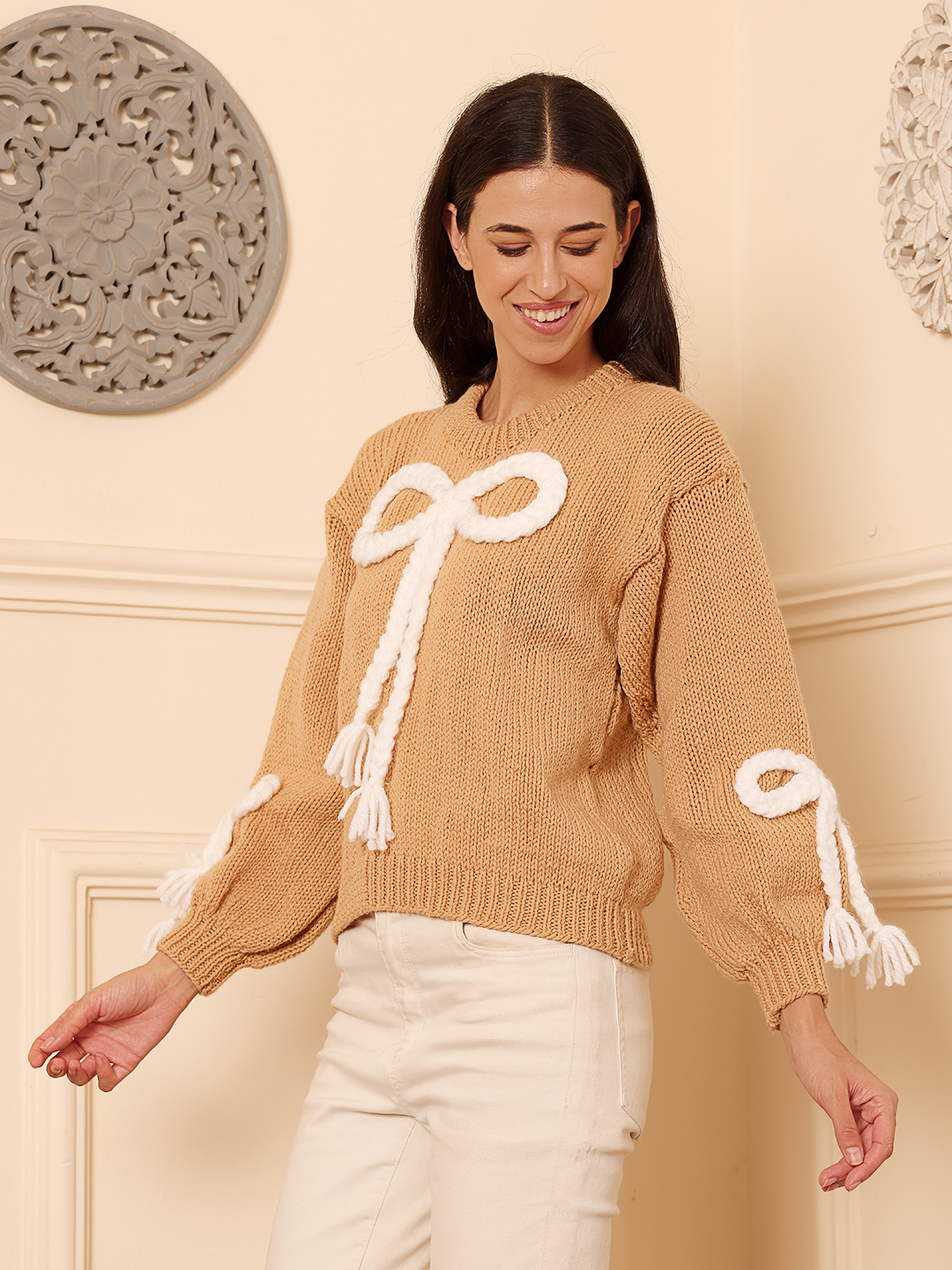 Velvery Knitted Braided Bow Crop Pullover