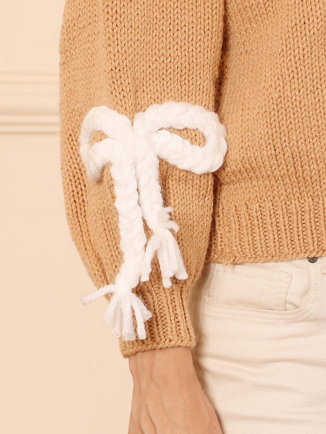 Velvery Knitted Braided Bow Crop Pullover