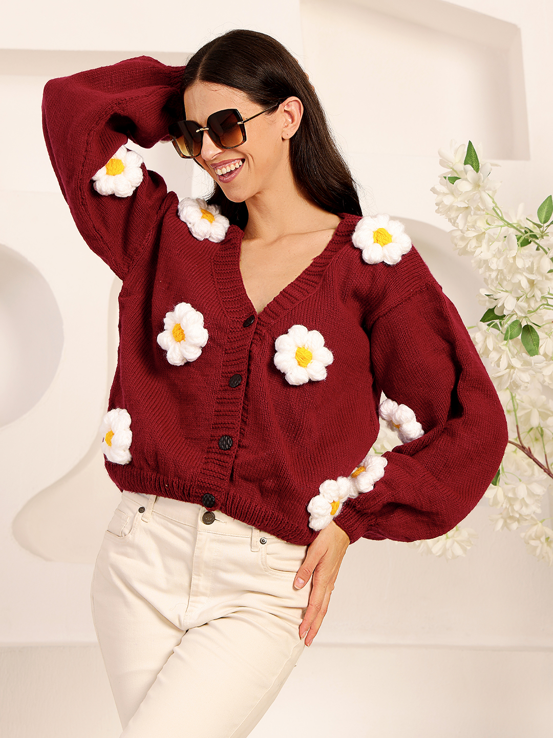 Velvery Daisy Floral Cardigan - Maroon