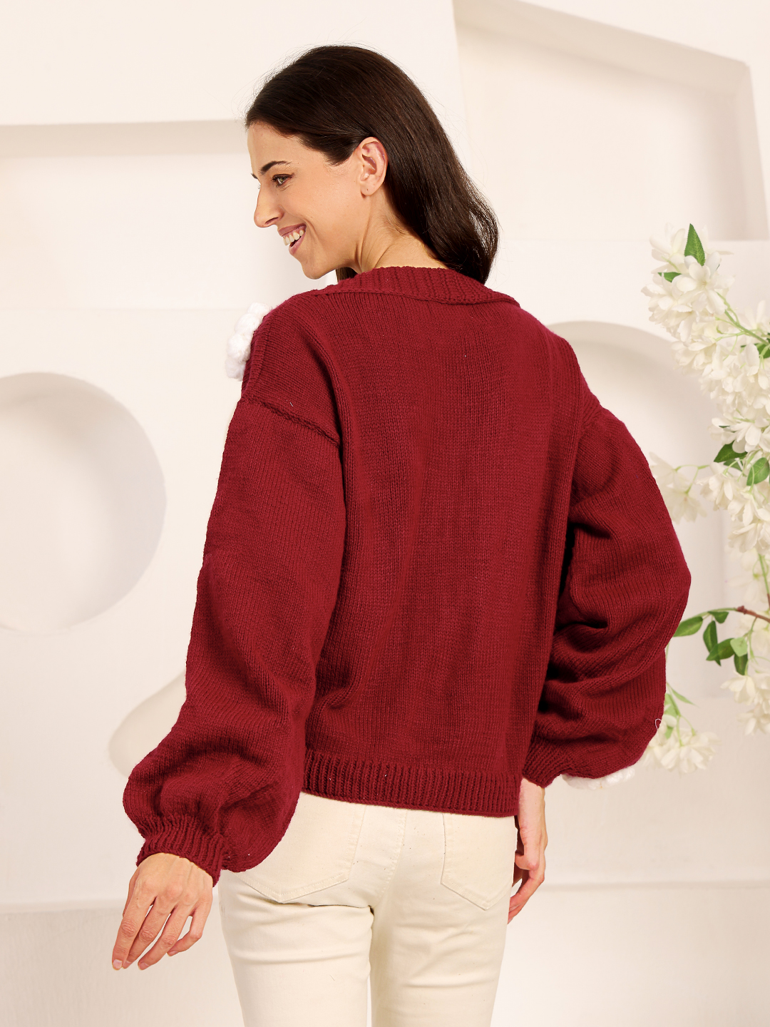 Velvery Daisy Floral Cardigan - Maroon