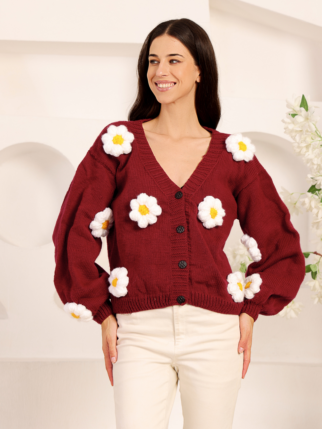Velvery Daisy Floral Cardigan - Maroon