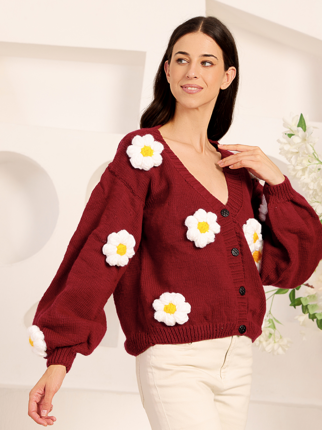 Velvery Daisy Floral Cardigan - Maroon