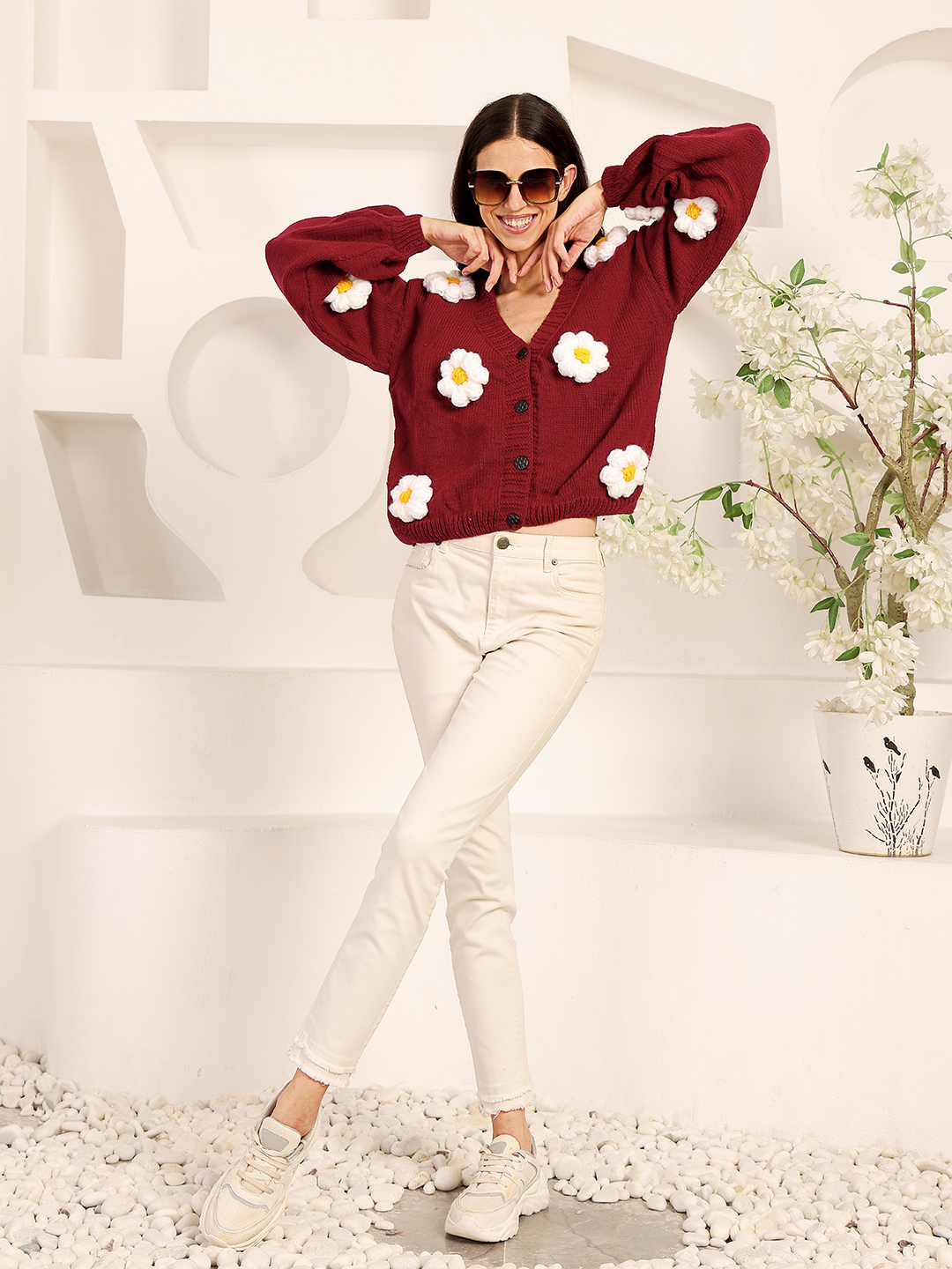 Velvery Daisy Floral Cardigan - Maroon