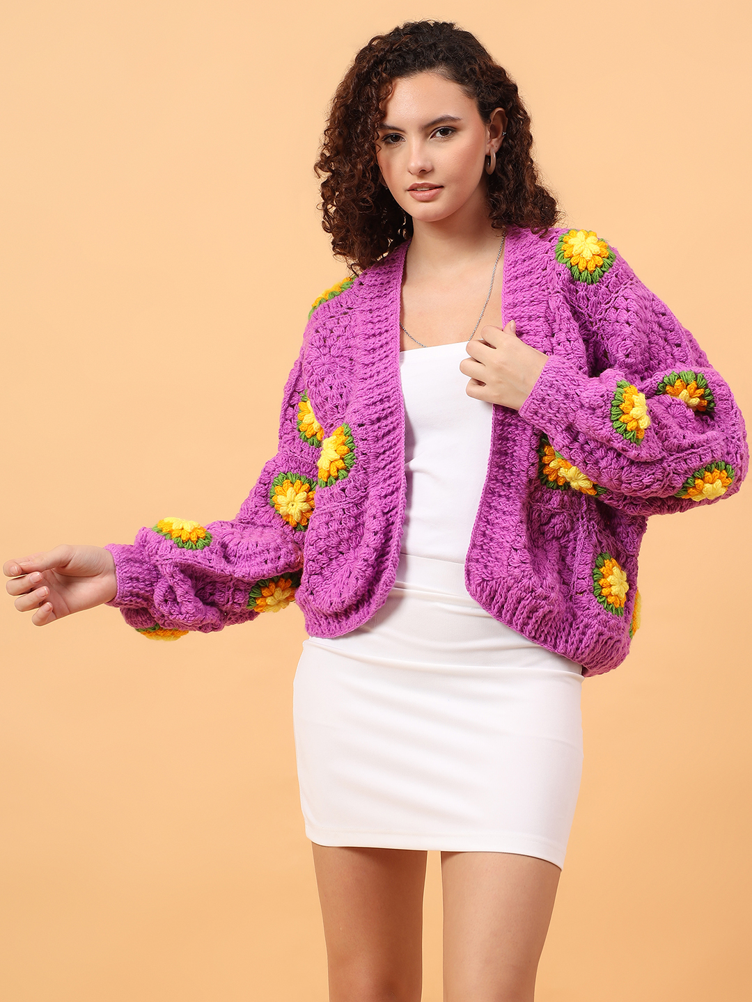 Velvery Oversized Chunky Floral Cardigan - Purple