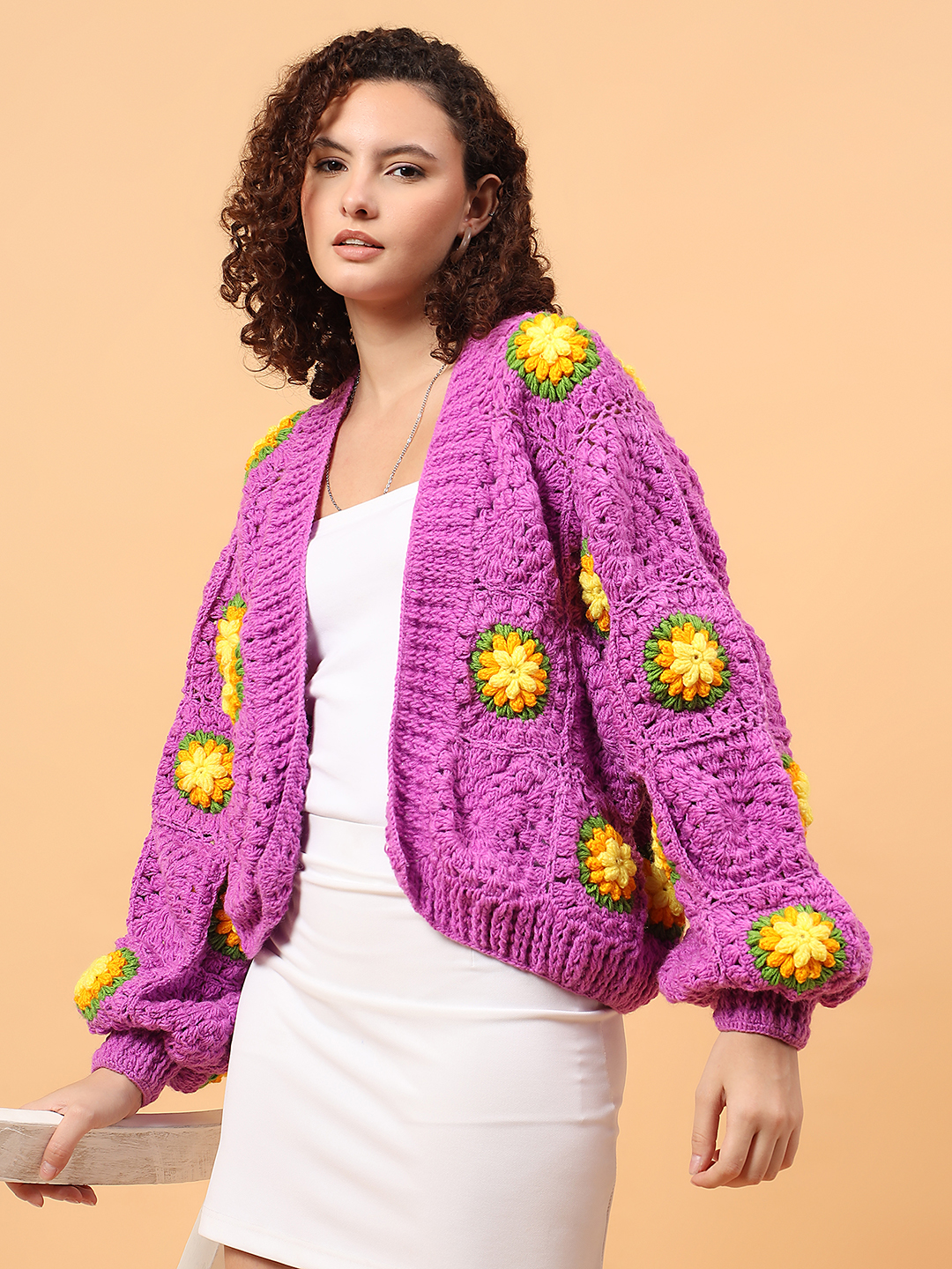 Velvery Oversized Chunky Floral Cardigan - Purple