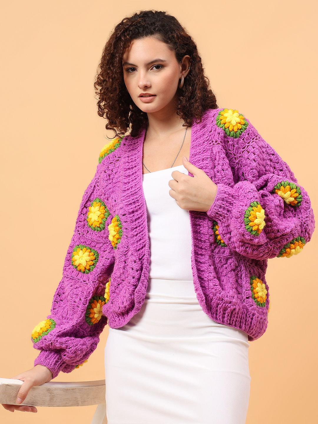 Velvery Oversized Chunky Floral Cardigan - Purple