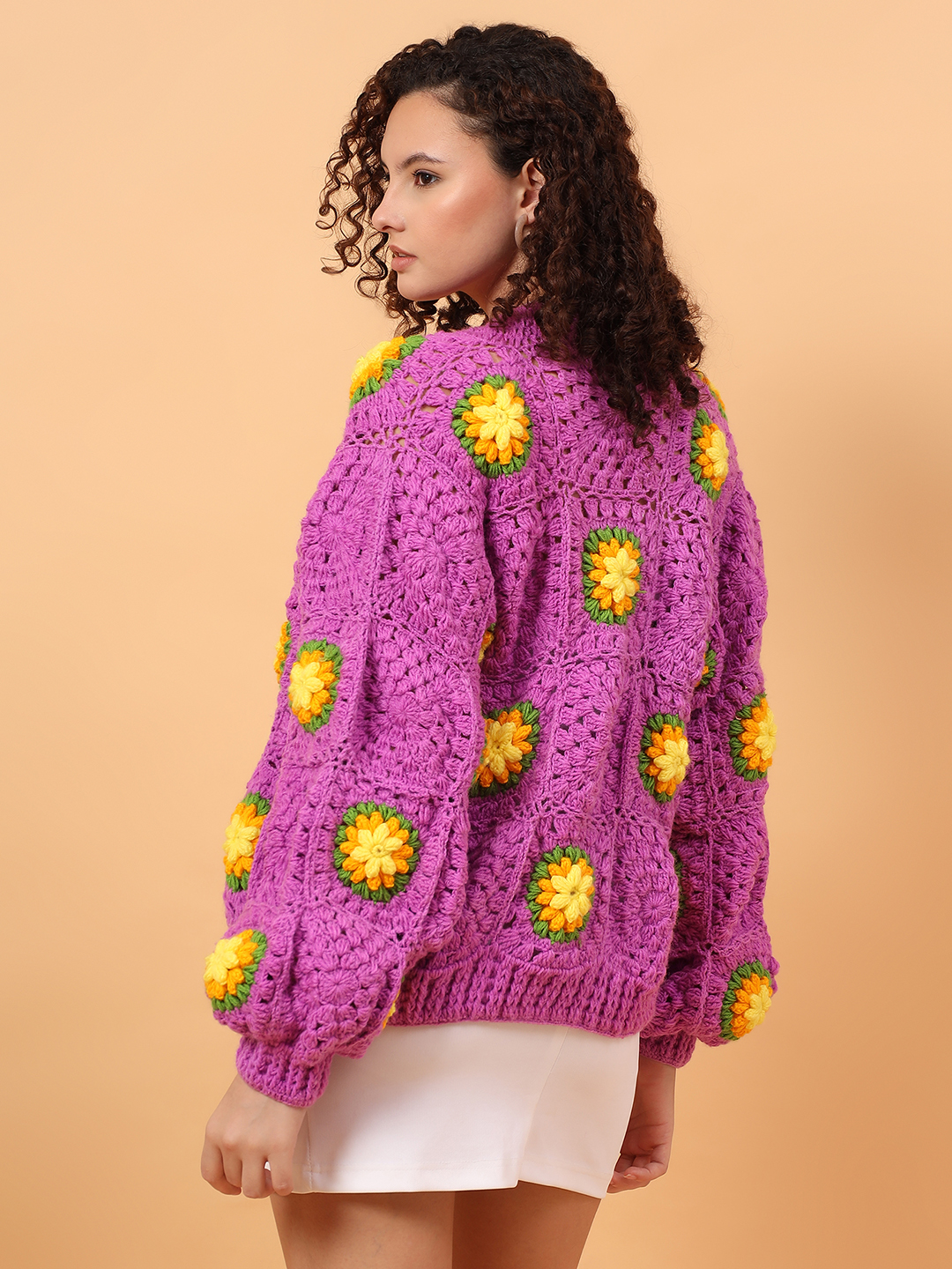 Velvery Oversized Chunky Floral Cardigan - Purple