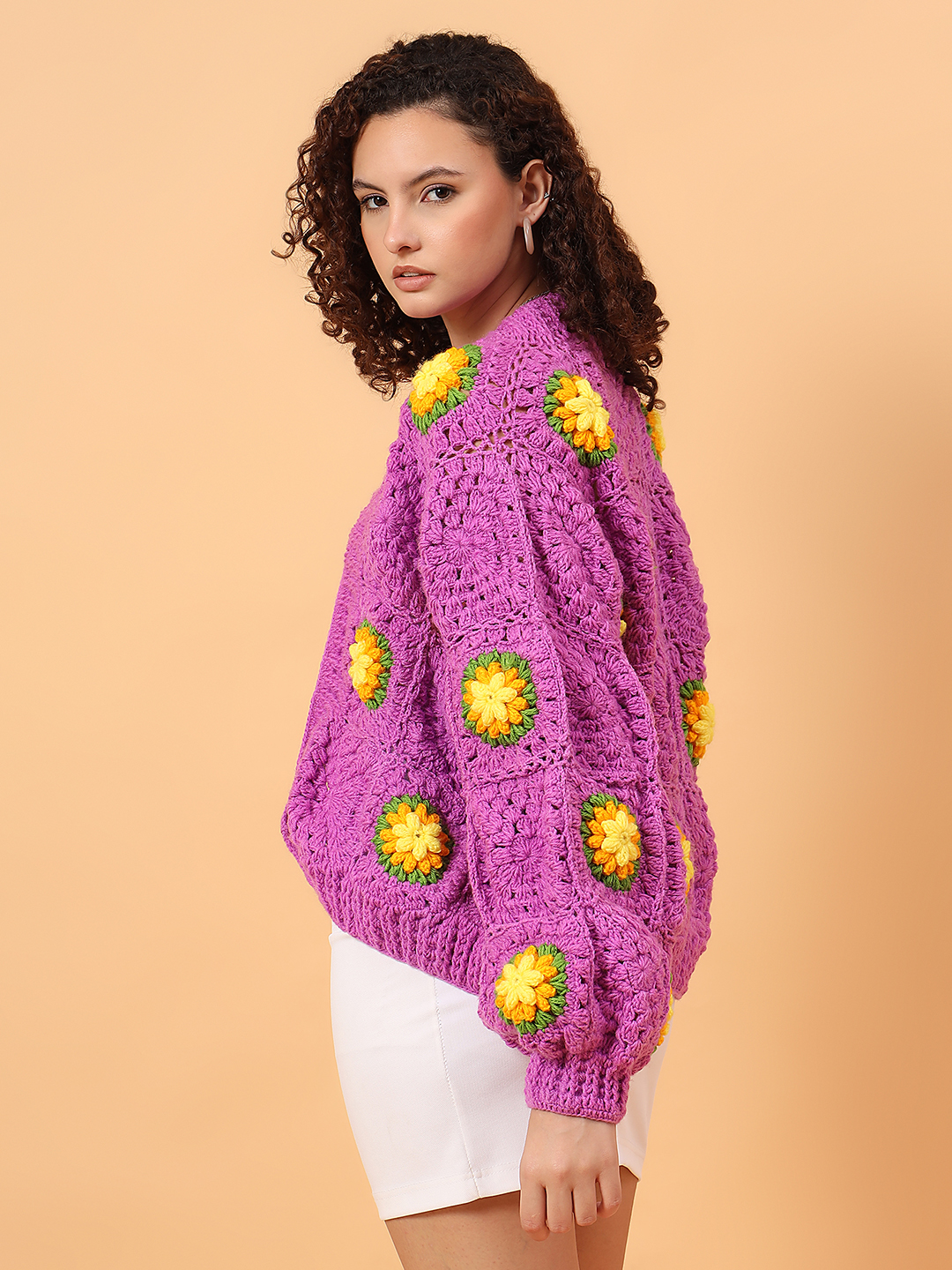 Velvery Oversized Chunky Floral Cardigan - Purple