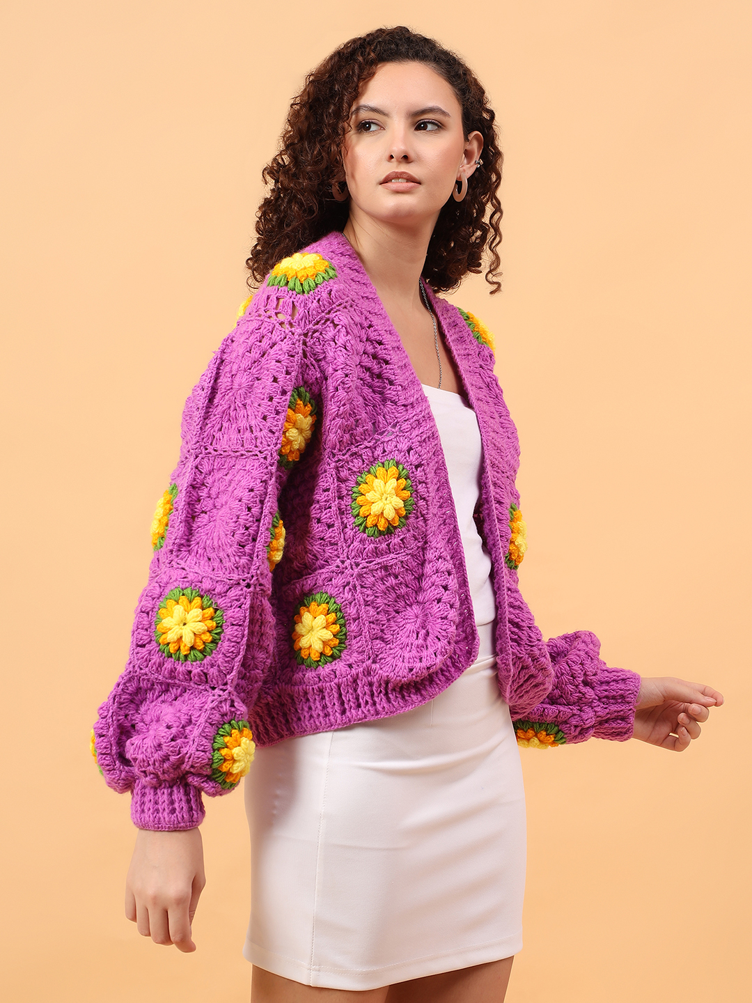 Velvery Oversized Chunky Floral Cardigan - Purple