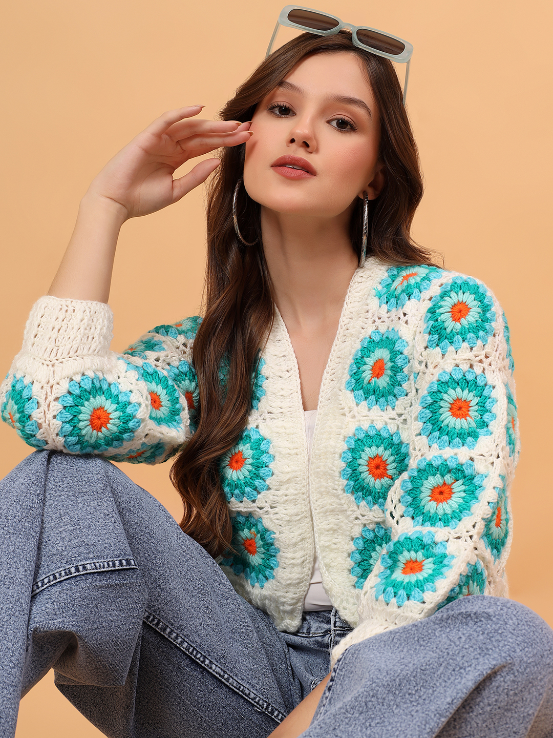Velvery Crochet Granny Square Cardigan - Cream