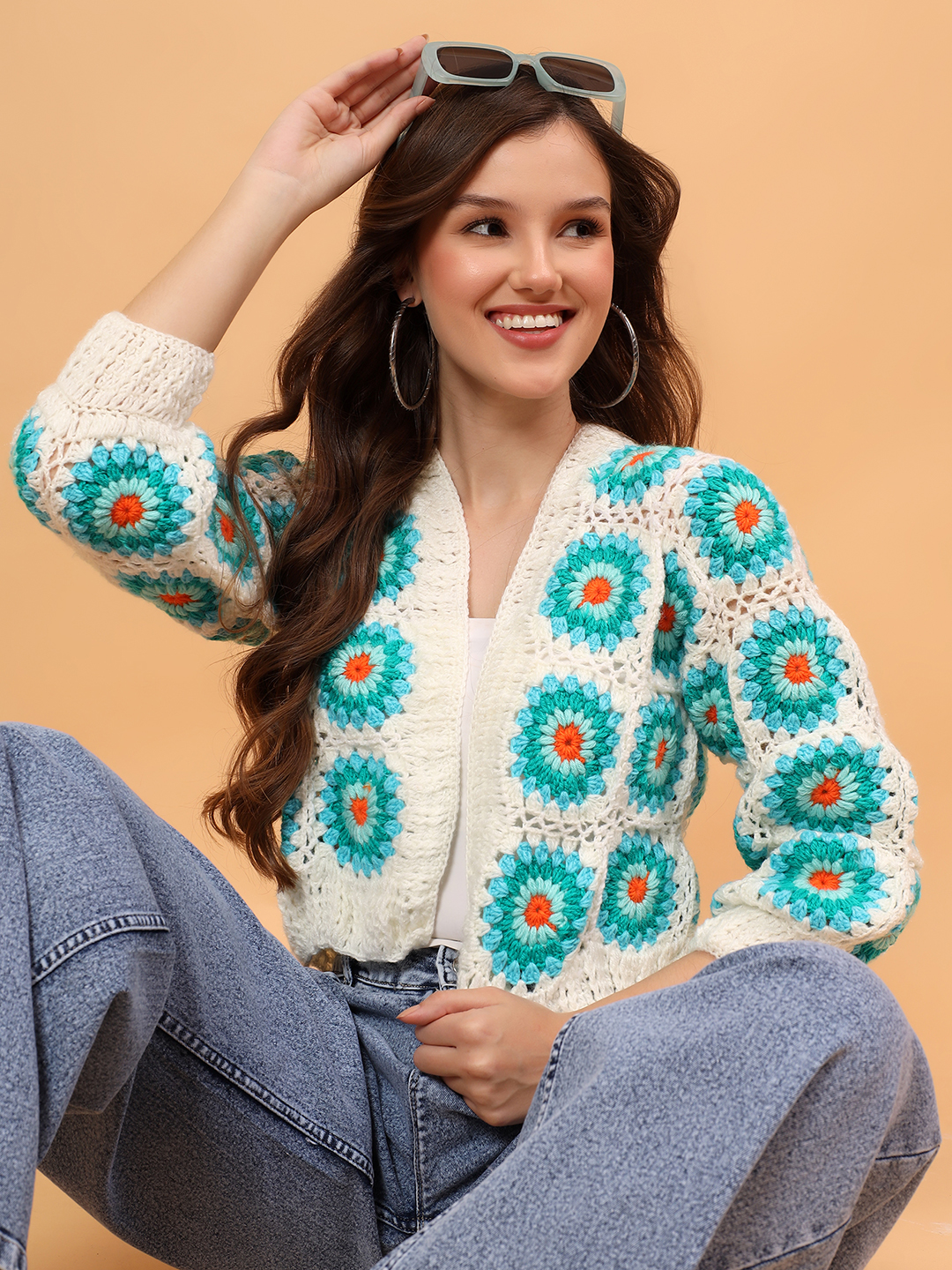 Velvery Crochet Granny Square Cardigan - Cream