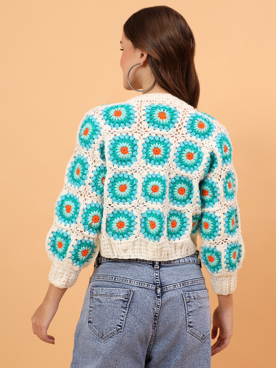 Velvery Crochet Granny Square Cardigan - Cream